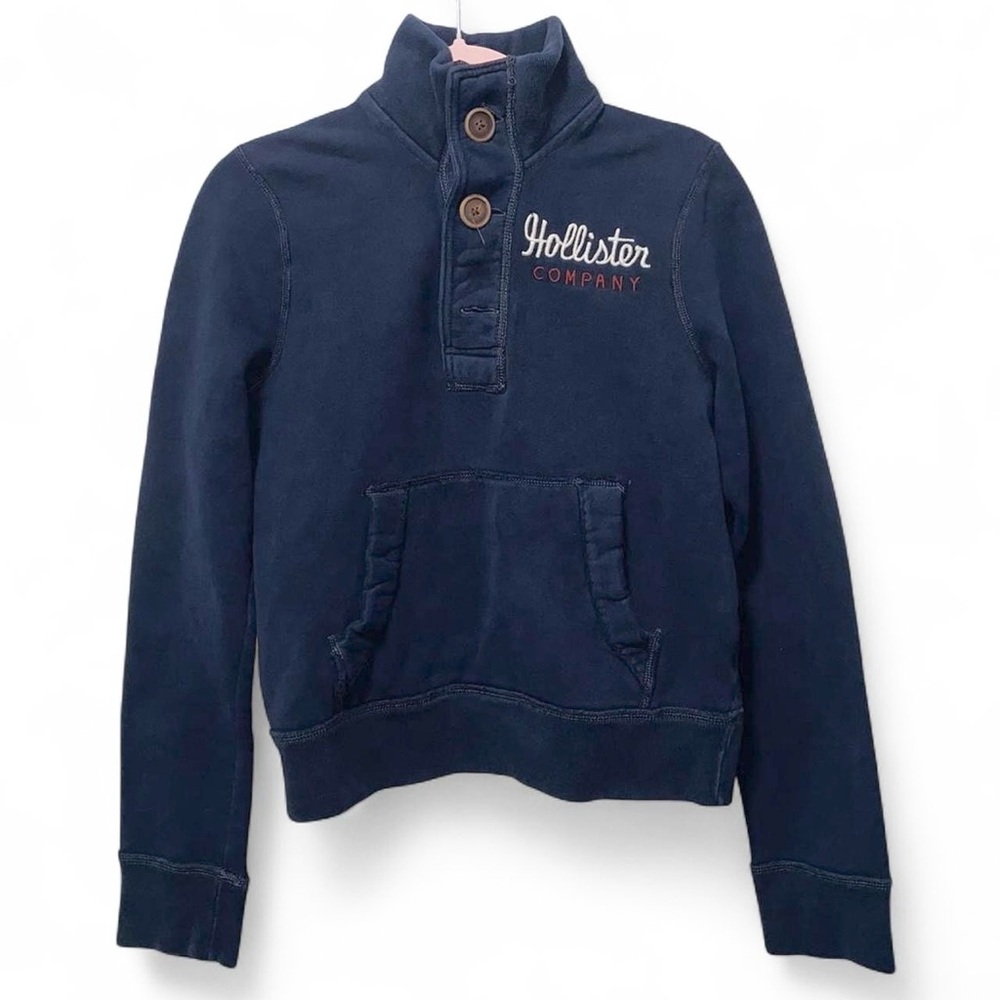 Vintage Y2K Hollister Navy Blue Button Up Funnel Neck Turtleneck Plush Sweater